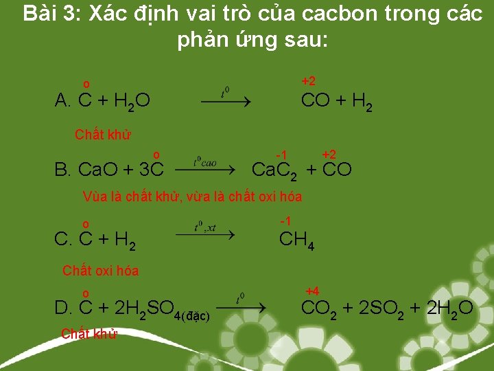 Bài 3: Xác định vai trò của cacbon trong các phản ứng sau: +2