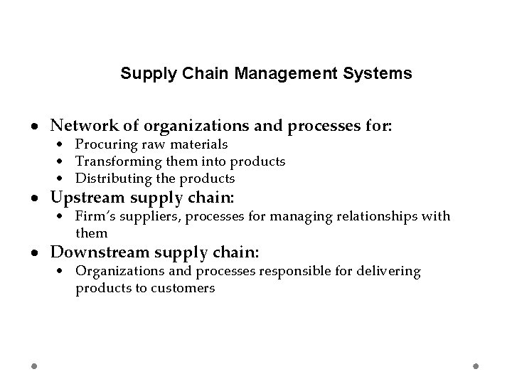 Supply Chain Management Systems Network of organizations and processes for: Procuring raw materials Transforming