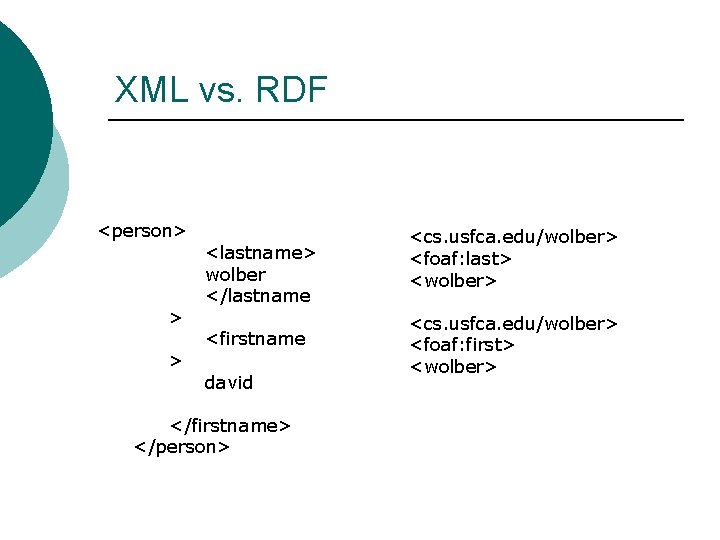 XML vs. RDF <person> > > <lastname> wolber </lastname <firstname david </firstname> </person> <cs.