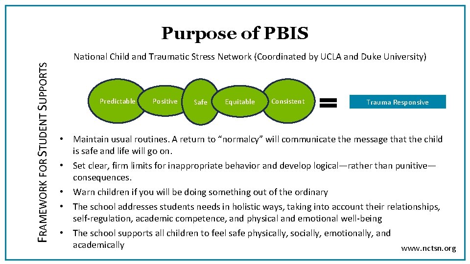 FRAMEWORK FOR STUDENT SUPPORTS Purpose of PBIS National Child and Traumatic Stress Network (Coordinated