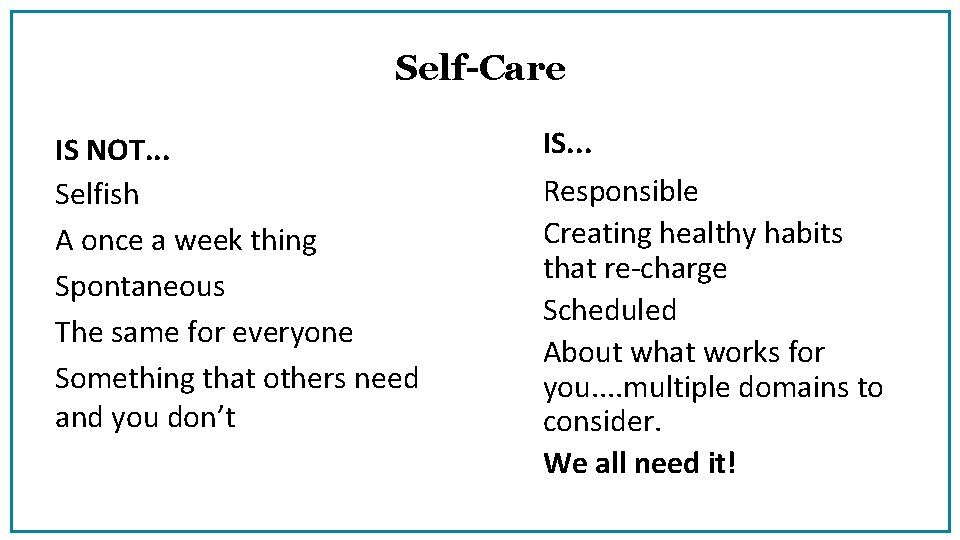 Self-Care IS NOT. . . Selfish A once a week thing Spontaneous The same