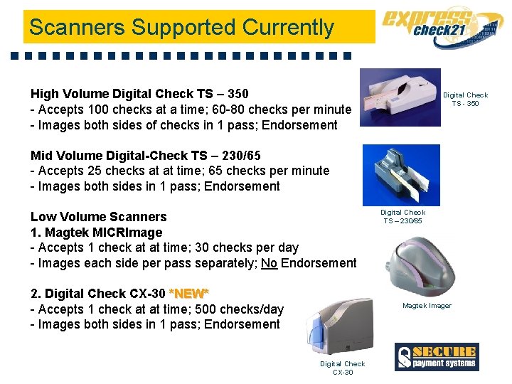 Scanners Supported Currently High Volume Digital Check TS – 350 - Accepts 100 checks