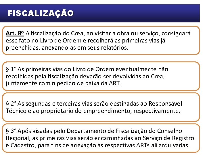 FISCALIZAÇÃO Art. 8º A fiscalização do Crea, ao visitar a obra ou serviço, consignará