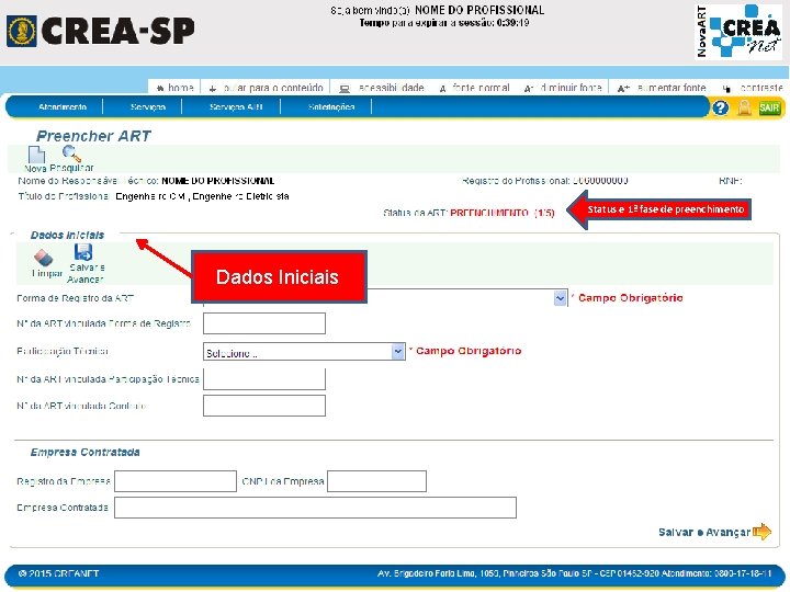 Status e 1ª fase de preenchimento Dados Iniciais 