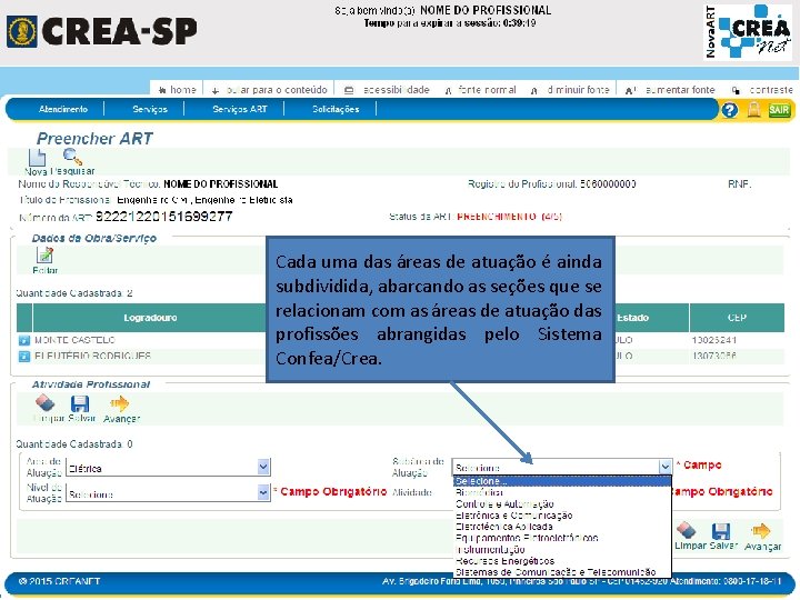 Cada uma das áreas de atuação é ainda subdividida, abarcando as seções que se