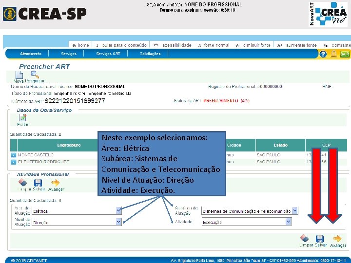 Neste exemplo selecionamos: Área: Elétrica Subárea: Sistemas de Comunicação e Telecomunicação Nível de Atuação: