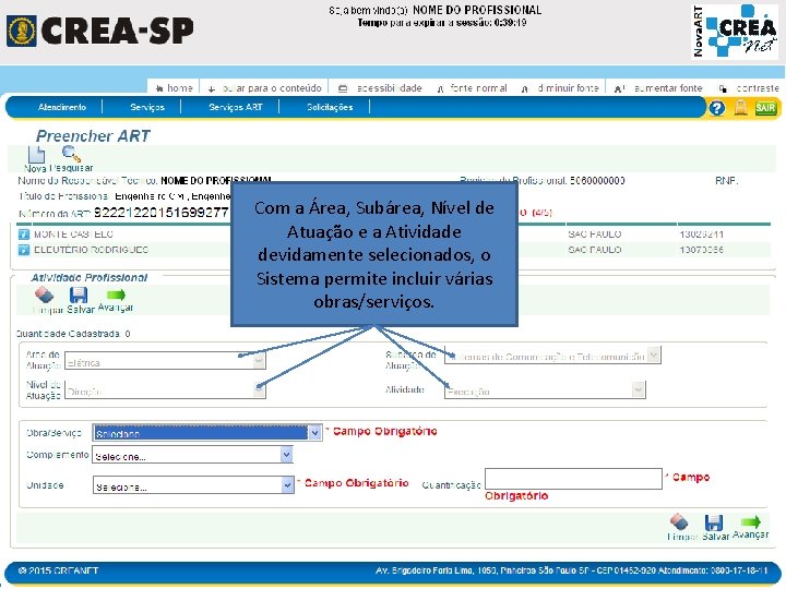 Com a Área, Subárea, Nível de Atuação e a Atividade devidamente selecionados, o Sistema