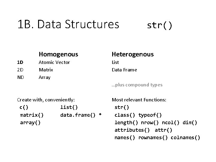 1 B. Data Structures 1 D 2 D ND str() Homogenous Heterogenous Atomic Vector
