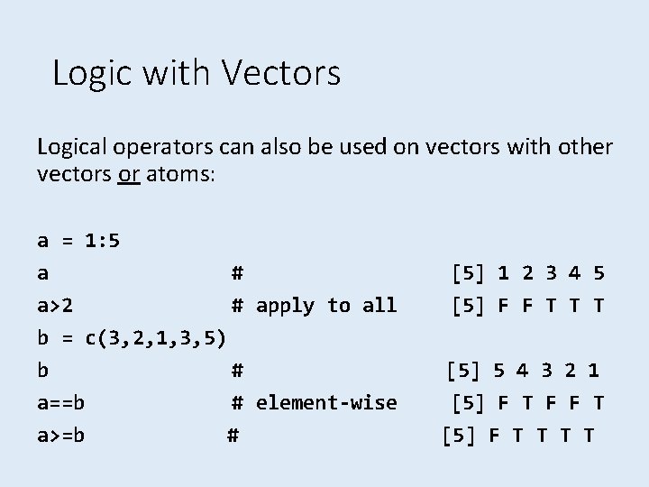 Logic with Vectors Logical operators can also be used on vectors with other vectors
