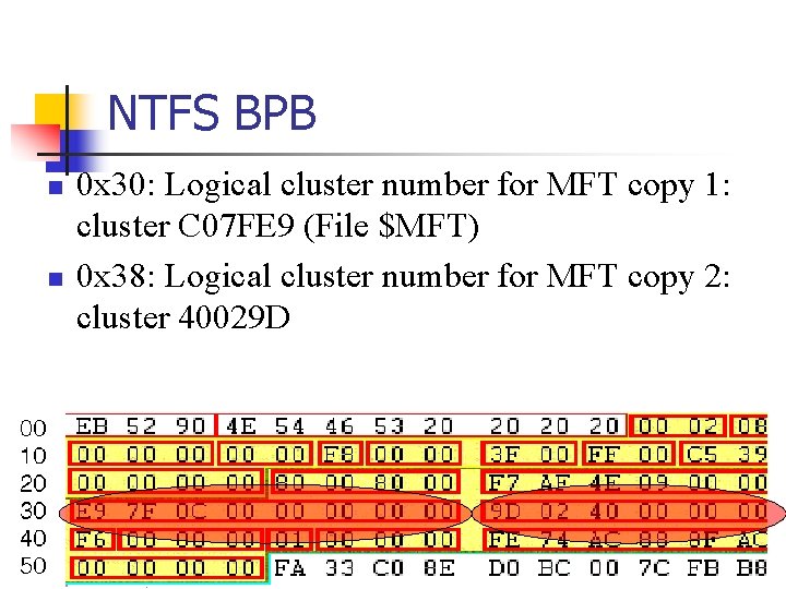 NTFS BPB n n 0 x 30: Logical cluster number for MFT copy 1: