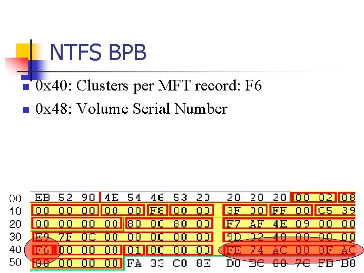 NTFS BPB n n 0 x 40: Clusters per MFT record: F 6 0