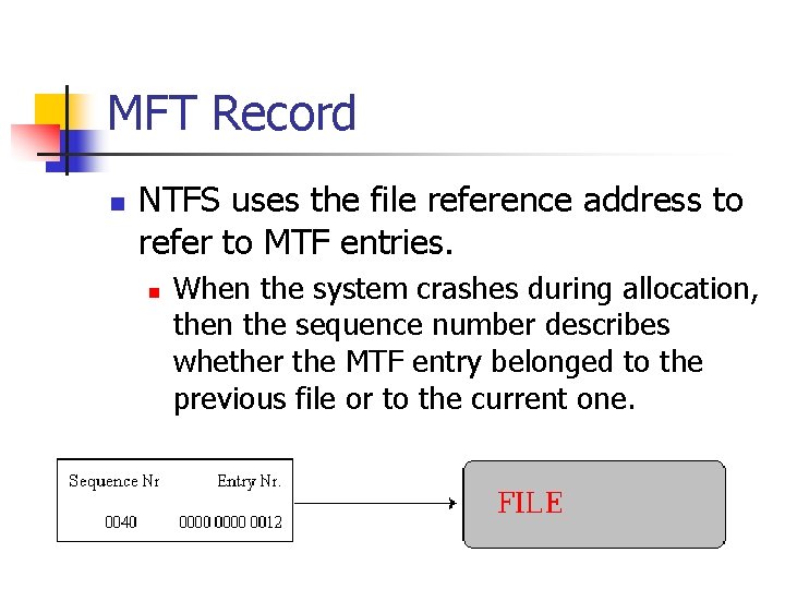 MFT Record n NTFS uses the file reference address to refer to MTF entries.