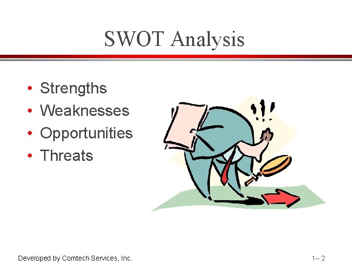 SWOT Analysis • • Strengths Weaknesses Opportunities Threats Developed by Comtech Services, Inc. 1–