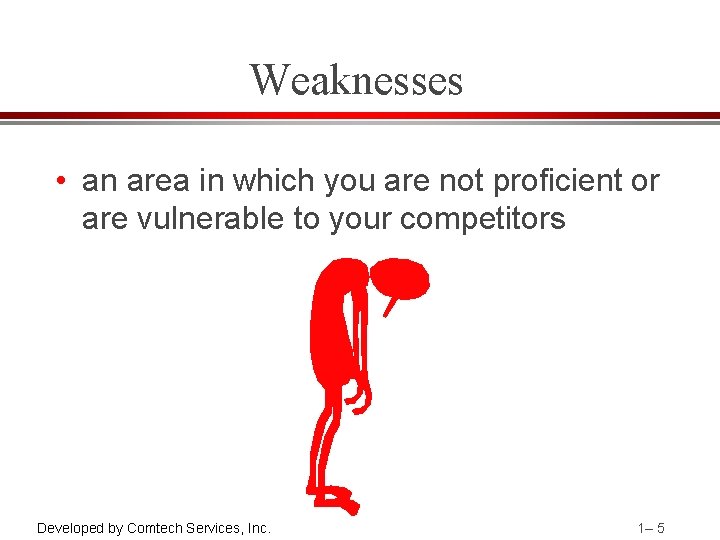 Weaknesses • an area in which you are not proficient or are vulnerable to