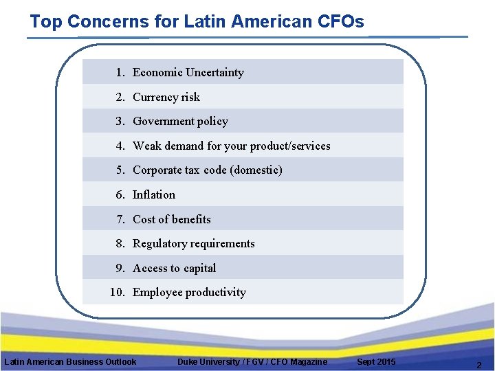 Top Concerns for Latin American CFOs 1. Economic Uncertainty 2. Currency risk 3. Government