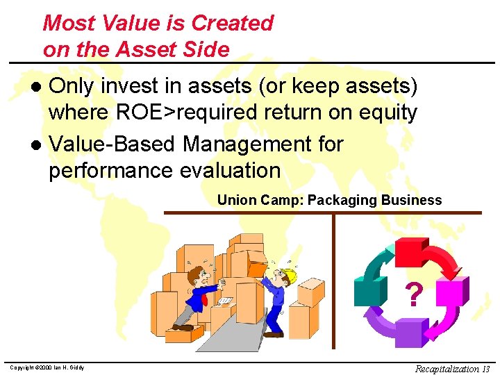 Most Value is Created on the Asset Side Only invest in assets (or keep