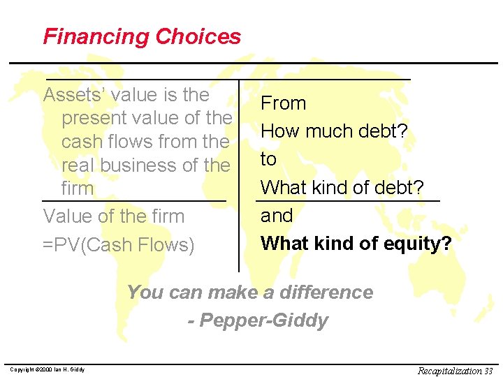 Financing Choices Assets’ value is the present value of the cash flows from the