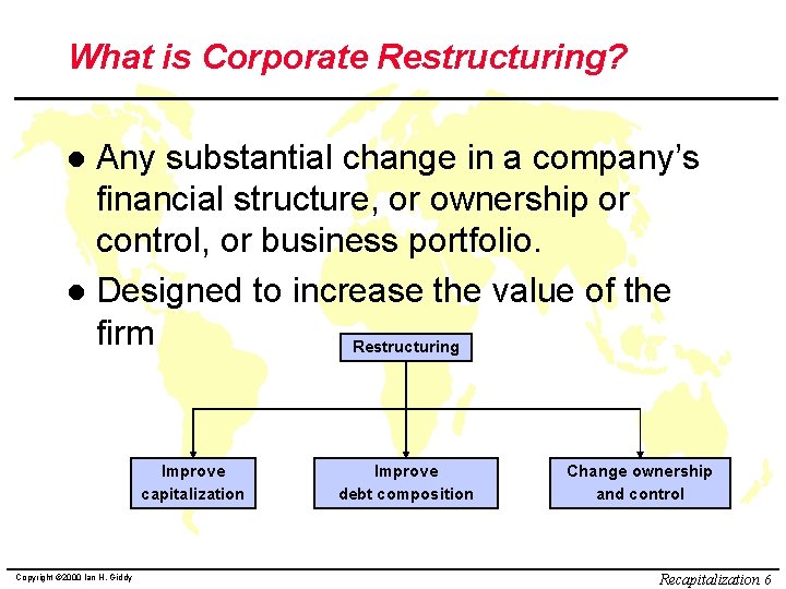 What is Corporate Restructuring? Any substantial change in a company’s financial structure, or ownership