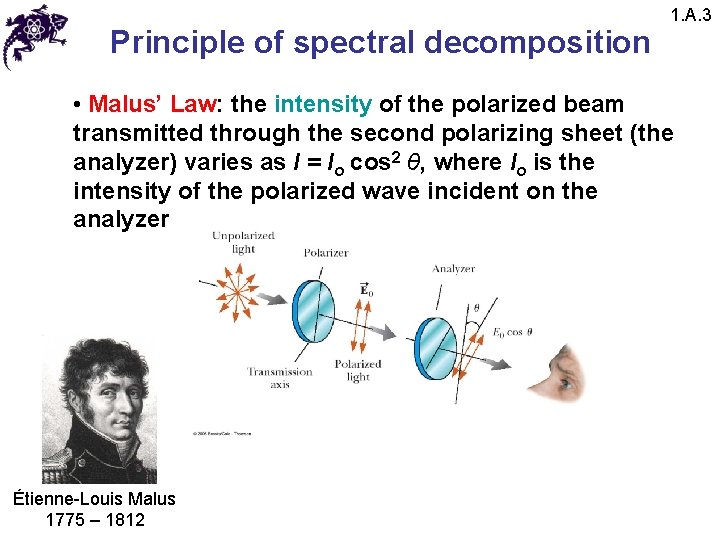 Principle of spectral decomposition 1. A. 3 • Malus’ Law: the intensity of the