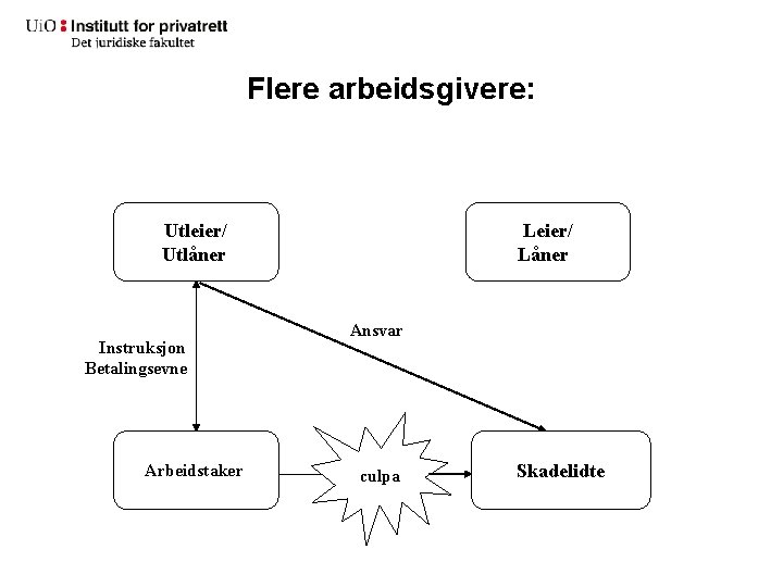 Flere arbeidsgivere: Utleier/ Utlåner Instruksjon Betalingsevne Arbeidstaker Leier/ Låner Ansvar culpa Skadelidte 