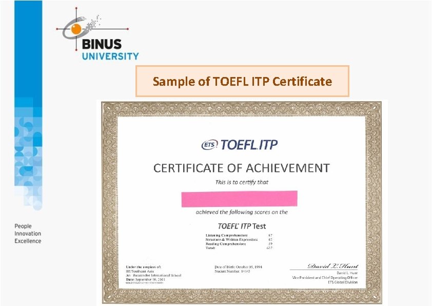 Sample of TOEFL ITP Certificate 