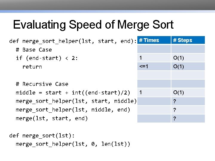 Evaluating Speed of Merge Sort def merge_sort_helper(lst, start, end): # Times # Base Case