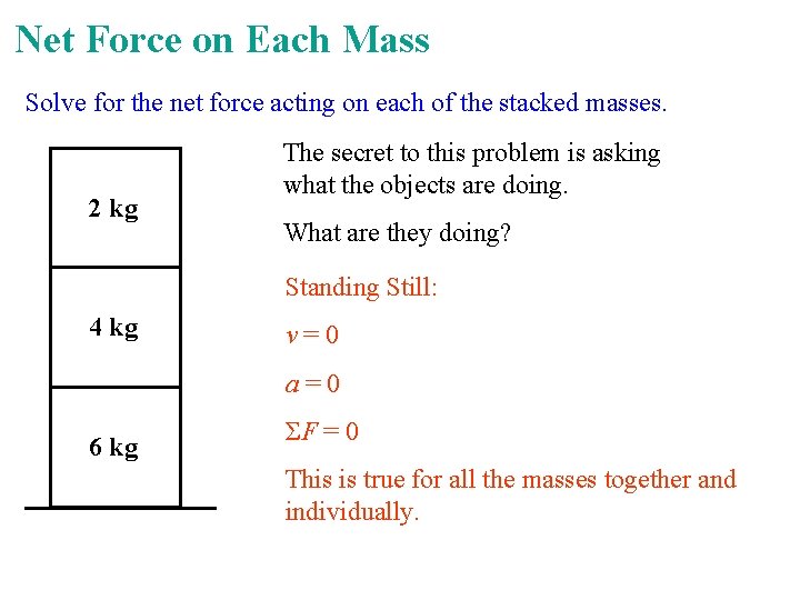 Net Force on Each Mass Solve for the net force acting on each of