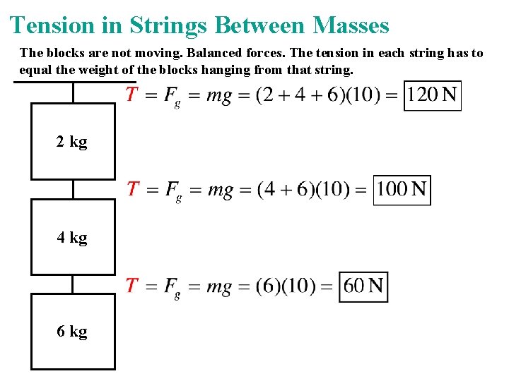 Tension in Strings Between Masses The blocks are not moving. Balanced forces. The tension