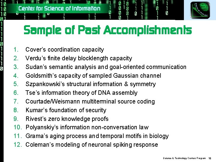 Center for Science of Information Sample of Past Accomplishments 1. 2. 3. 4. 5.