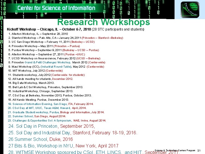 Center for Science of Information Research Workshops Kickoff Workshop – Chicago, IL – October