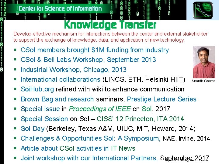Center for Science of Information Knowledge Transfer Develop effective mechanism for interactions between the