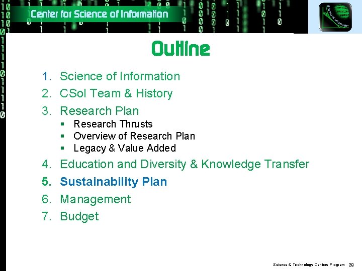 Center for Science of Information Outline 1. Science of Information 2. CSo. I Team