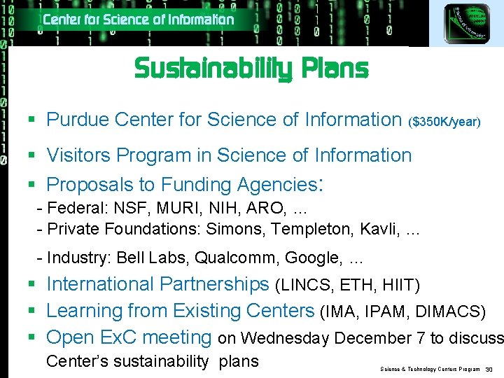 Center for Science of Information Sustainability Plans § Purdue Center for Science of Information