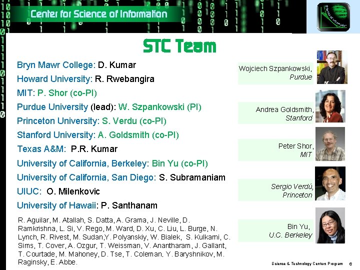 Center for Science of Information STC Team Bryn Mawr College: D. Kumar Howard University:
