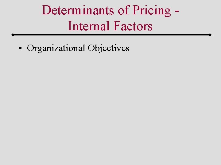 Determinants of Pricing Internal Factors • Organizational Objectives 