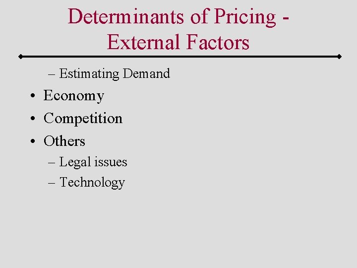 Determinants of Pricing External Factors – Estimating Demand • Economy • Competition • Others