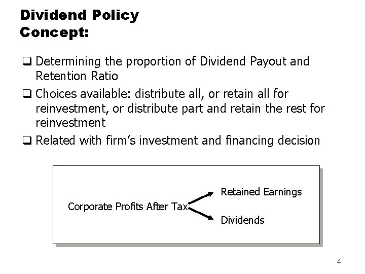 Dividend Policy Concept: q Determining the proportion of Dividend Payout and Retention Ratio q