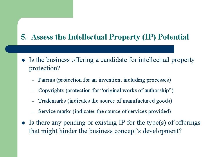5. Assess the Intellectual Property (IP) Potential l l Is the business offering a