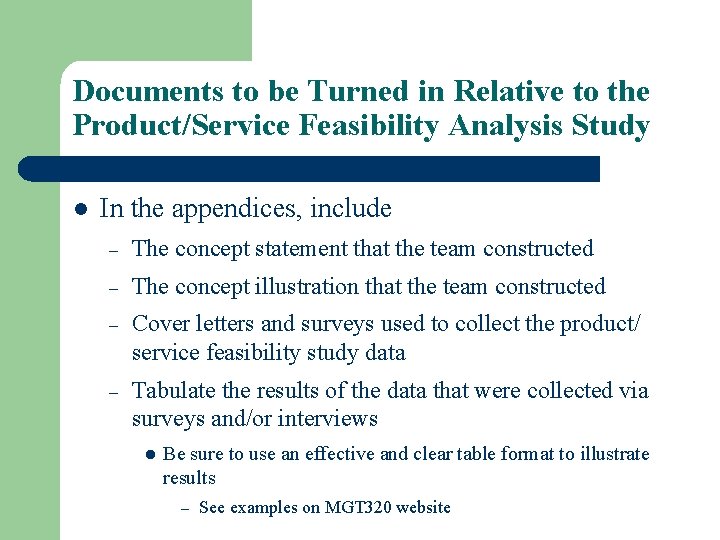 Documents to be Turned in Relative to the Product/Service Feasibility Analysis Study l In