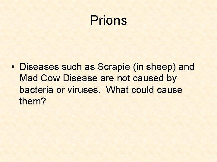 Prions • Diseases such as Scrapie (in sheep) and Mad Cow Disease are not
