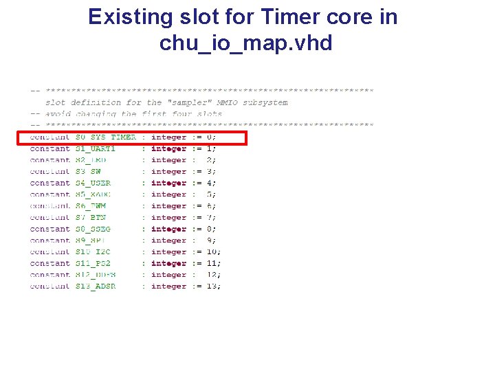 Existing slot for Timer core in chu_io_map. vhd 