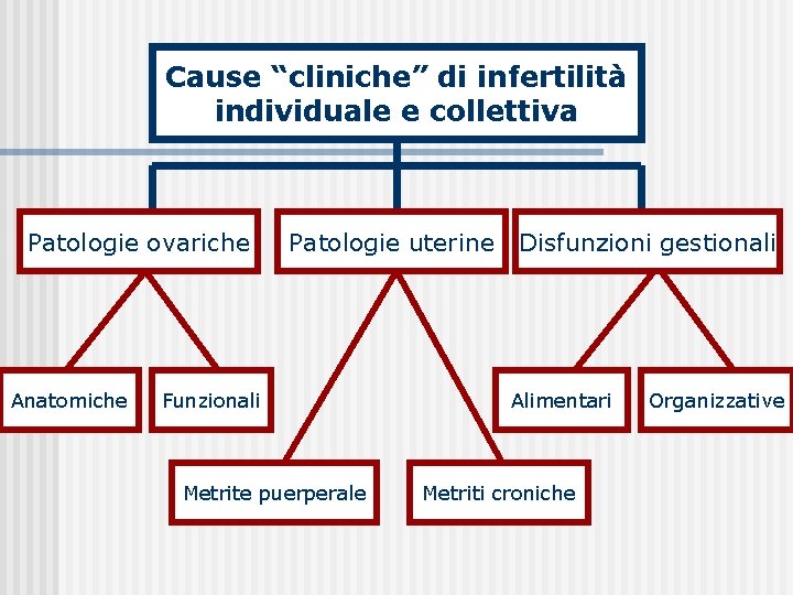 Cause “cliniche” di infertilità individuale e collettiva Patologie ovariche Anatomiche Patologie uterine Disfunzioni gestionali