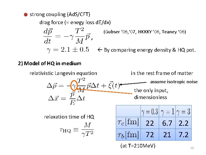 strong coupling (Ad. S/CFT) drag force (= enegy loss d. E/dx) (Gubser ’ 06,