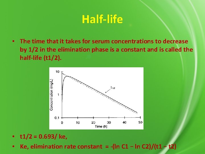 Half-life • The time that it takes for serum concentrations to decrease by 1/2