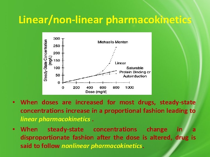 Linear/non-linear pharmacokinetics • When doses are increased for most drugs, steady-state concentrations increase in