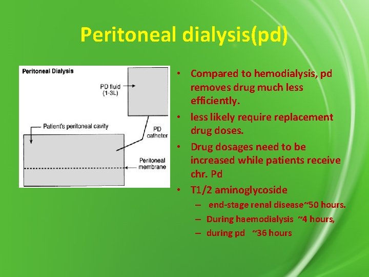 Peritoneal dialysis(pd) • Compared to hemodialysis, pd removes drug much less efficiently. • less