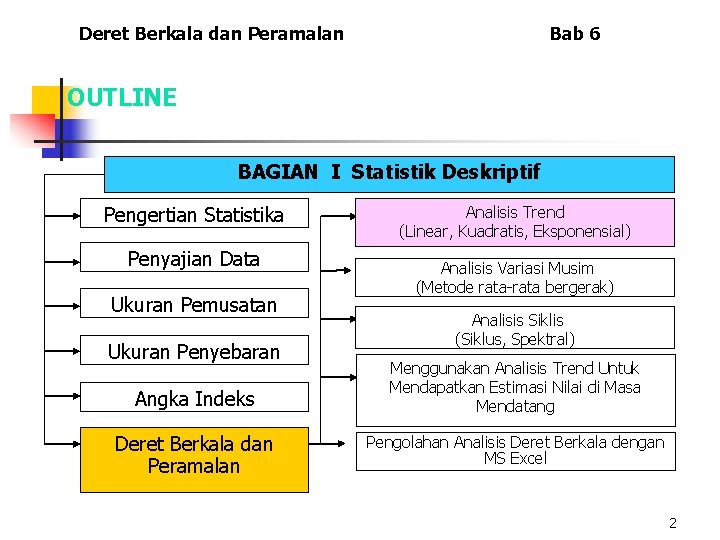 Deret Berkala dan Peramalan Bab 6 OUTLINE BAGIAN I Statistik Deskriptif Pengertian Statistika Penyajian