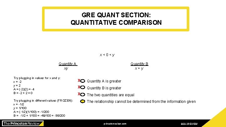 GRE QUANT SECTION: QUANTITATIVE COMPARISON x<0<y Quantity A xy Try plugging in values for