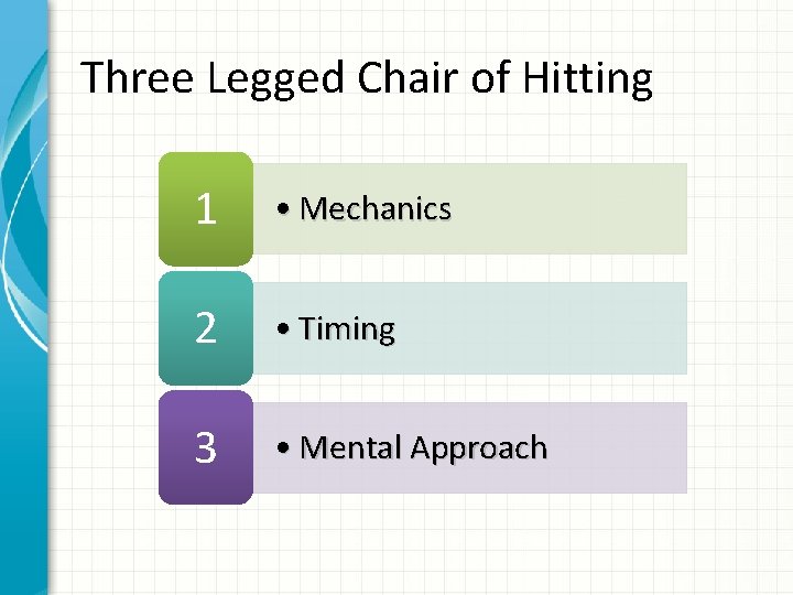 Three Legged Chair of Hitting 1 • Mechanics 2 • Timing 3 • Mental
