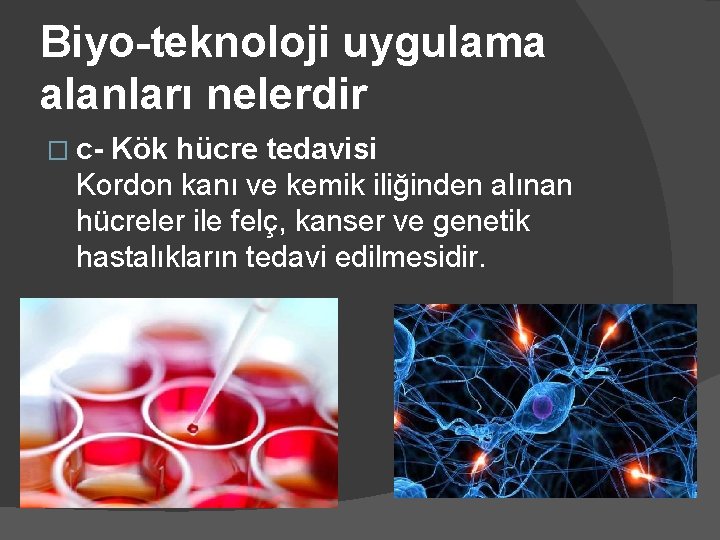 Biyo-teknoloji uygulama alanları nelerdir � c- Kök hücre tedavisi Kordon kanı ve kemik iliğinden